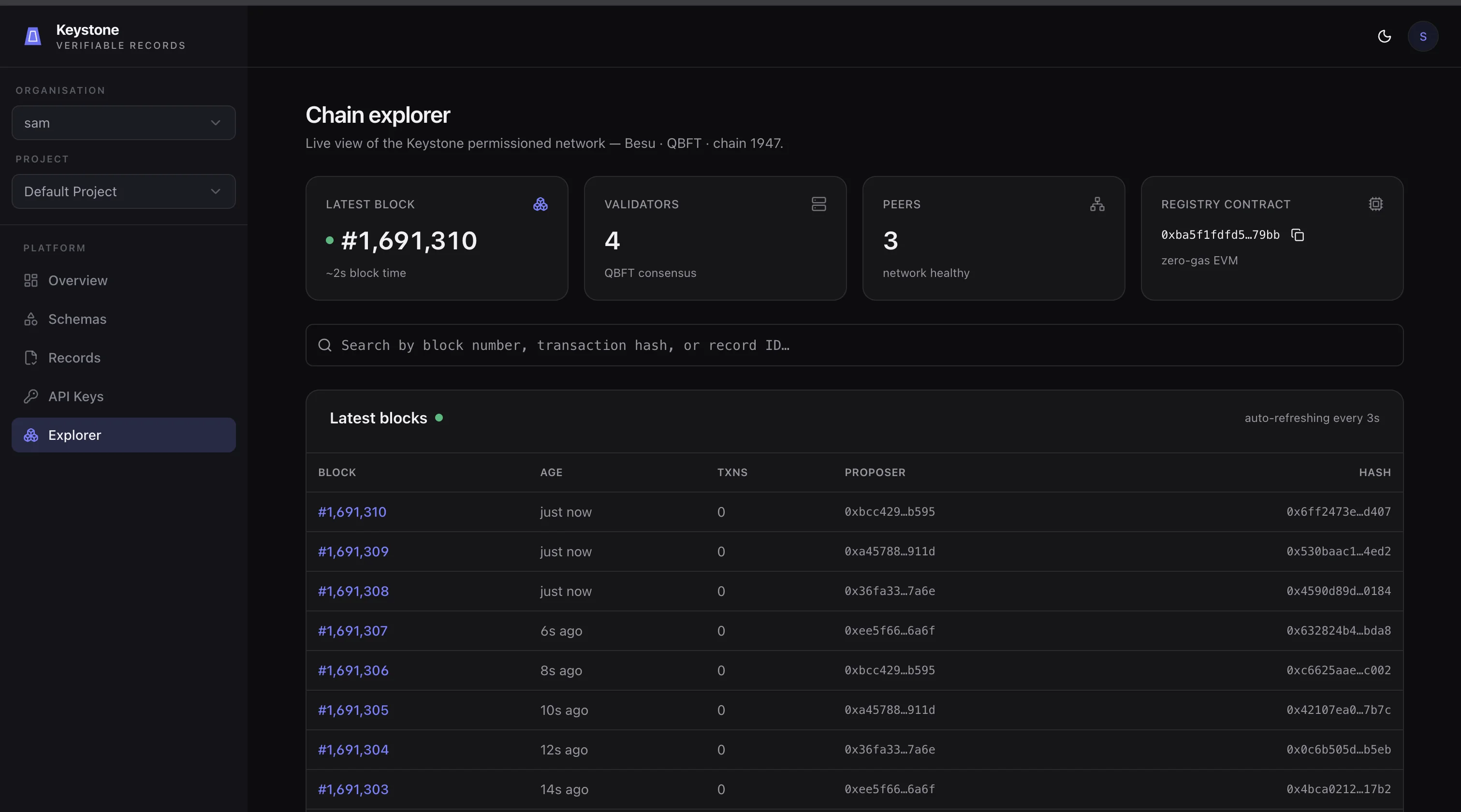 Keystone blockchain explorer interface